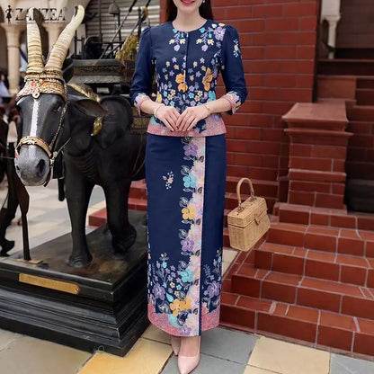 ZANZEA Women's Elegant Floral Print 2 Pieces Matching Skirt Sets 3/4 Sleeve Blouses & Maxi Skirts Suits Office Lady Outfits 2pcs
