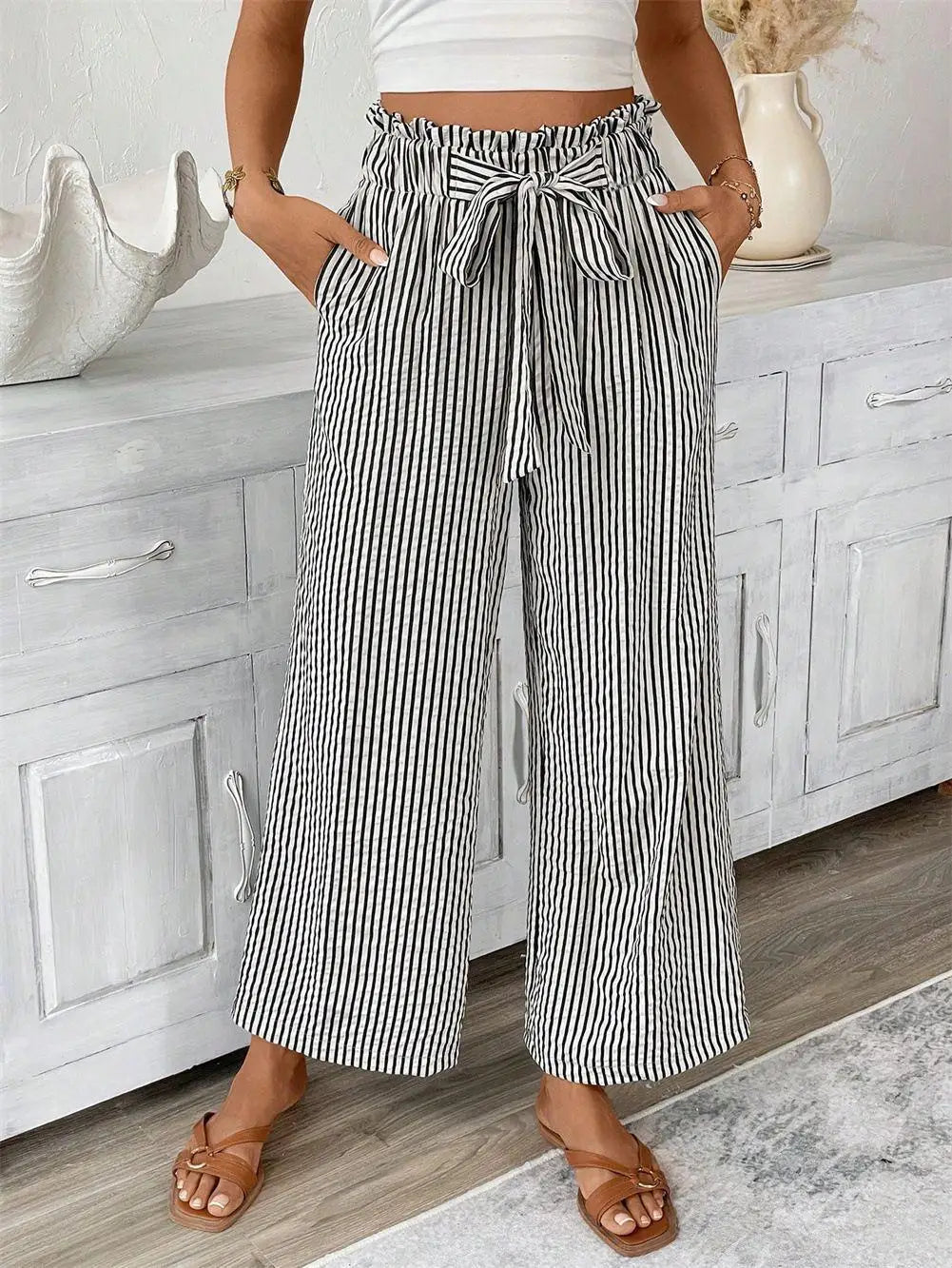 Spring Summer New High Waist Straight Leg Pants Women, European Stripe Wide Leg Trousers, Office Casual Paper Bag Pants, Loose F