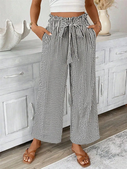 Spring Summer New High Waist Straight Leg Pants Women, European Stripe Wide Leg Trousers, Office Casual Paper Bag Pants, Loose F