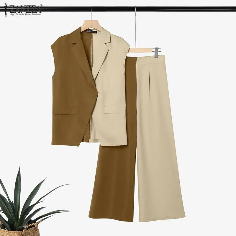 Stylish Summer Patchwork 2 Pieces Sets 2026 ZANZEA Women Pant Sets Sleeveless Irregular Tanks Tops Trousers Elegant Work Outfits