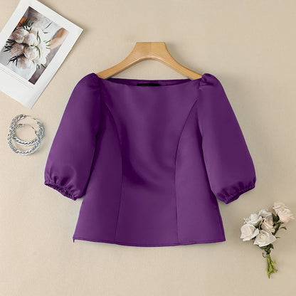 ZANZEA Woman Elegant Satin Blouses Boat Neck Puff Sleeves Princess Seams Solid Color Crop Tops Summer Graceful Party Blusa Mujer