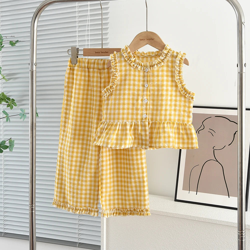 Pink Girl's Summer Two-piece Set with Single Breasted Sleeveless Top and Casual Pants, New Children's Sets Kids Clothes