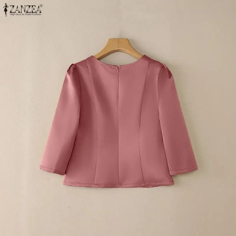 ZANZEA Women's Elegant Satin Blouses Retro O-Neck 3/4 Sleeve Back Zipper Slit-Fit Short Tops 2026 Spring Summer Woman Clothes