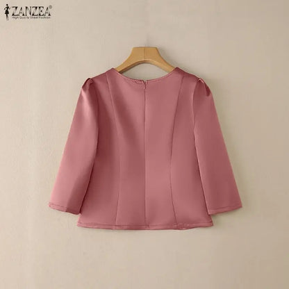 ZANZEA Women's Elegant Satin Blouses Retro O-Neck 3/4 Sleeve Back Zipper Slit-Fit Short Tops 2026 Spring Summer Woman Clothes