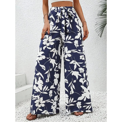 Summer Floral Print High-Waisted Wide Leg Pants Casual Comfortable Vacation Style Long Pants for Women