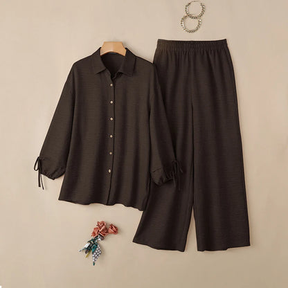 ZANZEA Women Twill Pant Sets Loose Lantern Sleeve Shirt & Elastic Waist Pant 2 Piece Sets 2026 Autumn Casual Daily Wear Co-ords