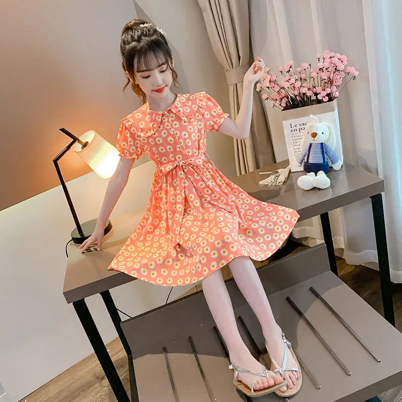 Doll-collar Dress Summer Suit for Girl Kids Clothes Children Dresses Girls Little Junior Girls' Clothing Princess Girls' Elegant