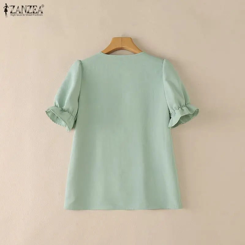 ZANZEA Women Elegant Pintuck Detailing Blouses Summer Casual Short Sleeve Tops Commute Solid Color O-Neck Button Up Blusas Mujer