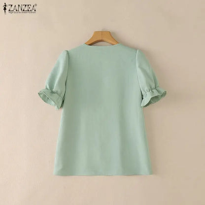 ZANZEA Women Elegant Pintuck Detailing Blouses Summer Casual Short Sleeve Tops Commute Solid Color O-Neck Button Up Blusas Mujer