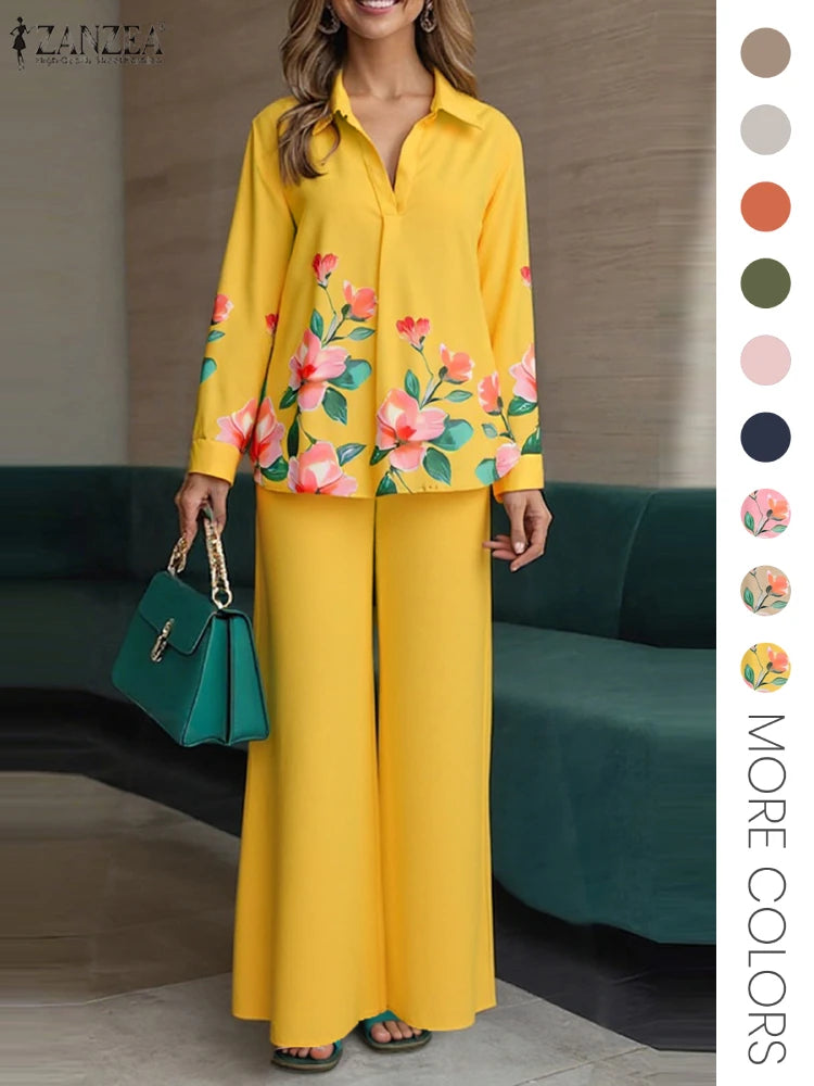 ZANZEA 2025 Autumn Outfits Women Stylish Printed Matching Sets Casual Long Sleeve Tops Wide Leg Pant Sets Fashion Work Tracksuit