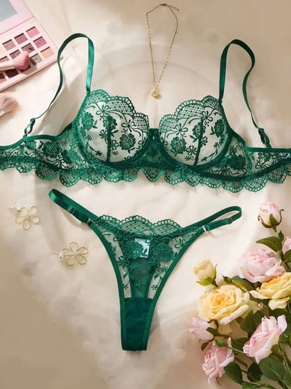 Sexy Dark Green Floral Lace Lingerie Set Sheer Mesh Longline Underwire Bra Adjustable Panty See Through Underwear