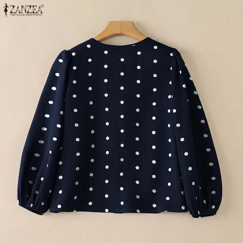 ZANZEA Women Polka Dot Fashionable Blouses O-Neck Lantern Sleeves Button Up Shirt 2026 Spring Fall Daily Casual Camisas de Mujer