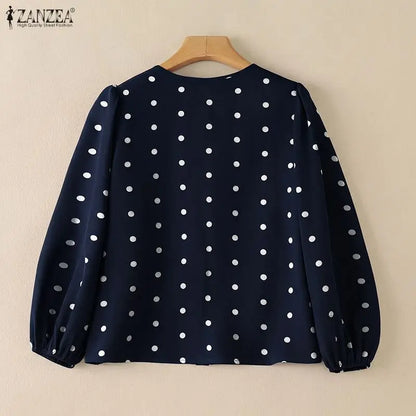 ZANZEA Women Polka Dot Fashionable Blouses O-Neck Lantern Sleeves Button Up Shirt 2026 Spring Fall Daily Casual Camisas de Mujer