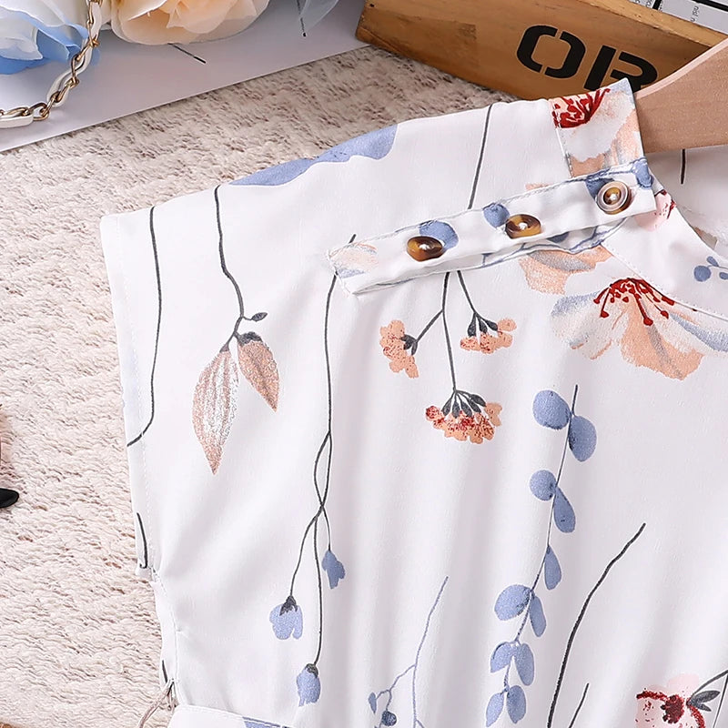 Kids Dress For  8-12 Years Girls White Crew Neck Sleeveless Floral Dress & Belt Elegant Beach Holiday Children's Clothing