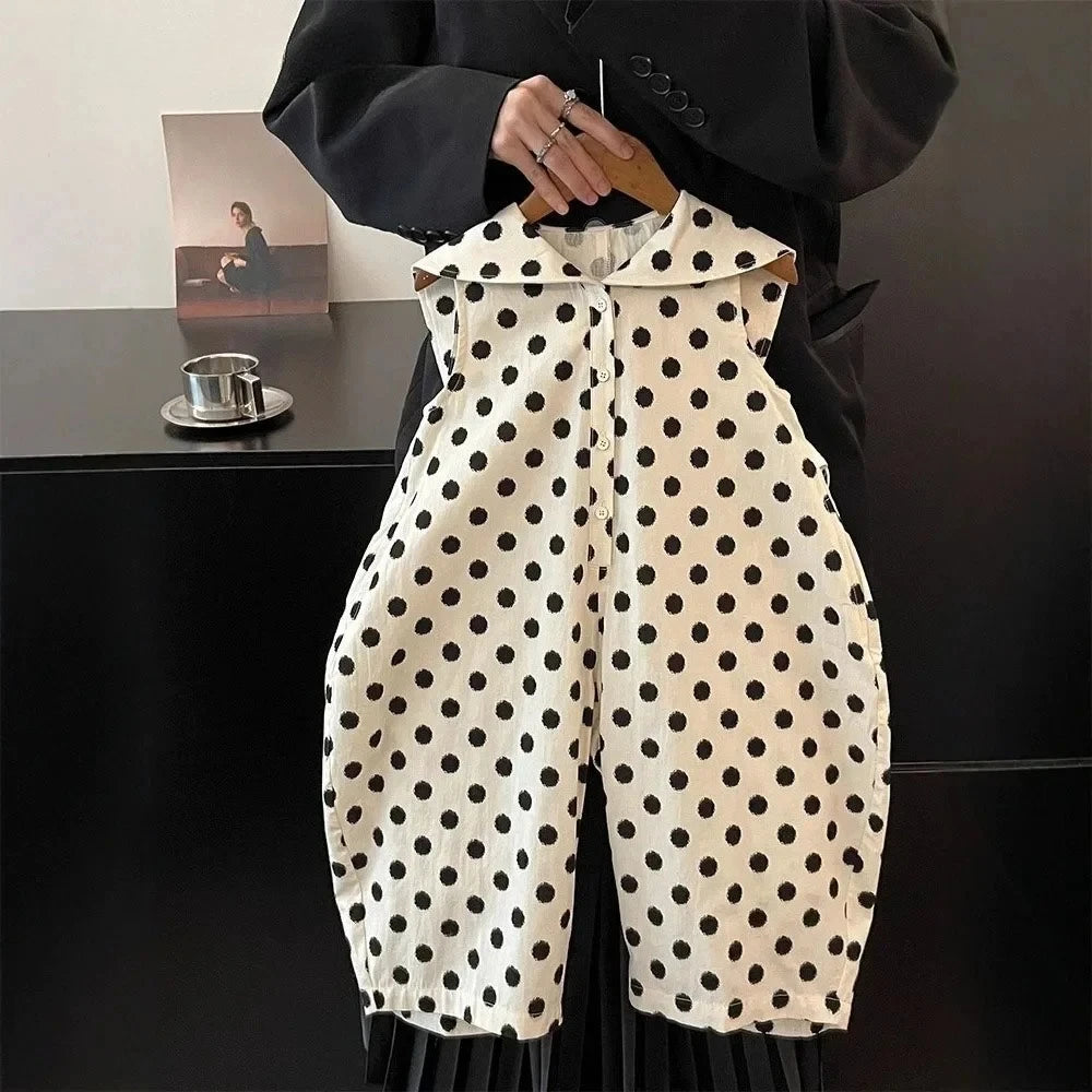 Summer New Casual Boys' and Girls' Clothes Polka Dot Vertical Stripe Printed Kids Jumpsuit Basic Simple Children's Clothing