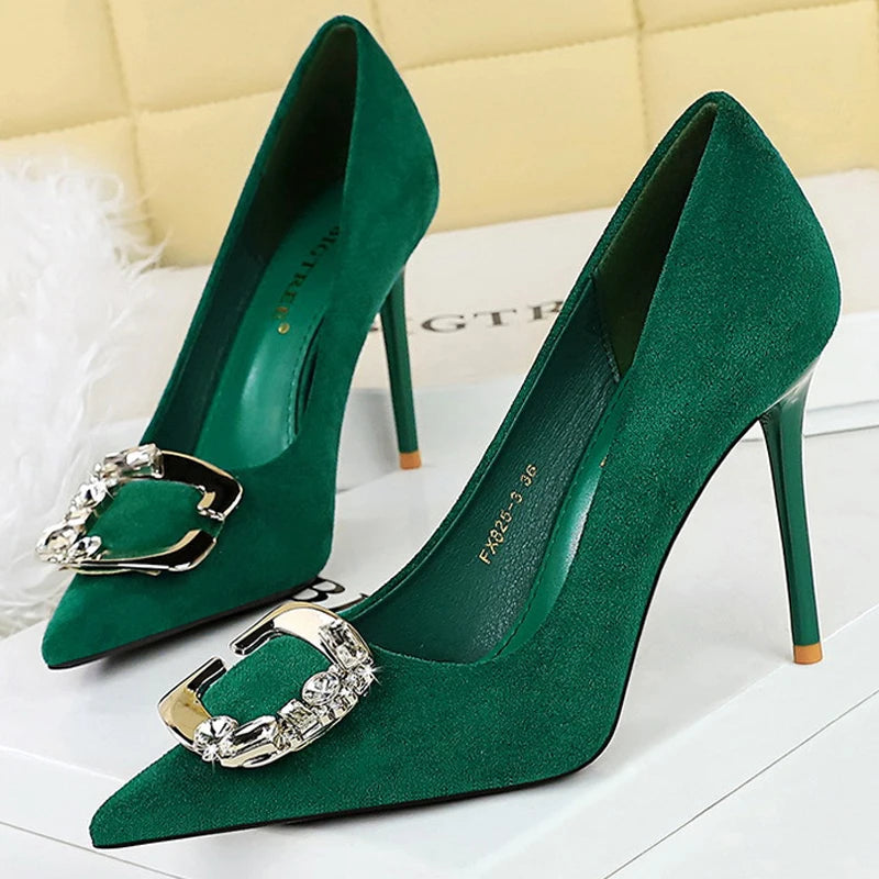 BIGTREE Shoes Metal Rhinestone Belt Buckle Women Pumps Suede High Heels Luxury Banquet Shoes Sexy Party Shoes Women Stilettos