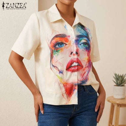 ZANZEA Woman Abstract Art Printing Short Sleeve Shirts Turn-Down Collar Button Up Blouses Summer Casual Daily Streetwear Top 3XL