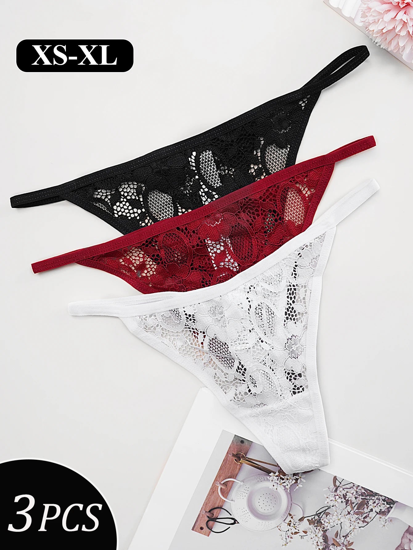 3PCS Sexy Lace Thongs Low Waist T-Back Underwear Women Elegant Lace Floral G-string Underpants Bikini Panties Tanga Mujer XS-XL