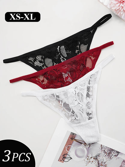 3PCS Sexy Lace Thongs Low Waist T-Back Underwear Women Elegant Lace Floral G-string Underpants Bikini Panties Tanga Mujer XS-XL
