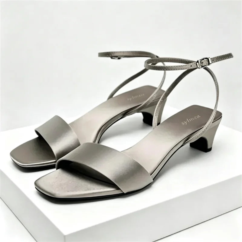 Elegant Square Toe Ankle Strap Heeled Sandals Women Sexy Peep Toe Low Wide Heel Summer Shoes Cozy Satin Designer Shoes for Women