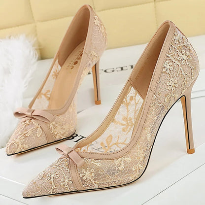 BIGTREE Shoes Women 9.5 Cm Heels Lace Mesh Women Pumps Bowknot High Heels Stiletto Sexy Party Shoes Fashion Lady Wedding Shoes