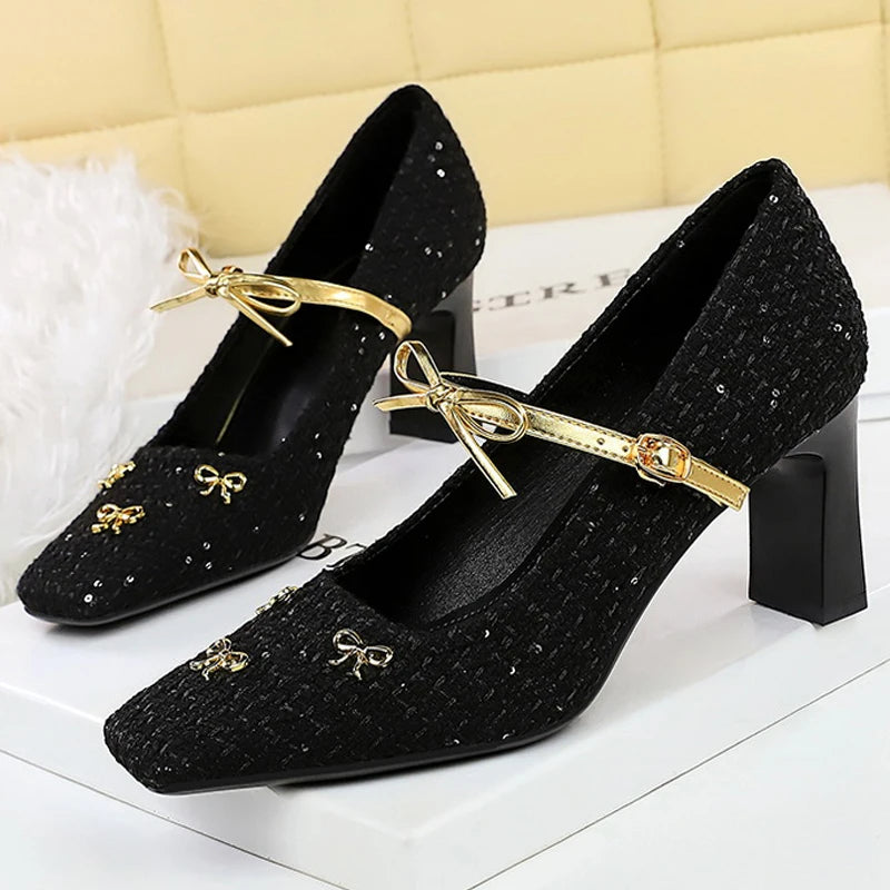 BIGTREE Shoes Woven Fabric Women Pumps Bowknot High Heels Square Head Ladies Shoes Chunky Heel Women Shoes Luxury Banquet Shoes