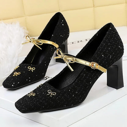BIGTREE Shoes Woven Fabric Women Pumps Bowknot High Heels Square Head Ladies Shoes Chunky Heel Women Shoes Luxury Banquet Shoes
