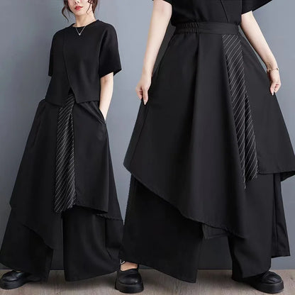High Waist Wide Leg Skirt Pants Unisex Spring Autumn New Fashion Striped Color Block Asymmetrical Casual Trousers