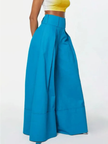 Women's Solid Color High-Waisted Cuffed Wide Leg Pants 2026 Summer Fashion Loose Fit Vacation Trousers Casual Full Length Pants
