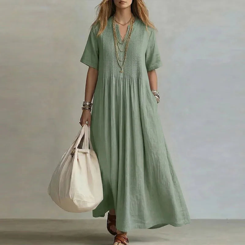 Retro Solid Cotton Linen Maxi Dress Woman Spring Sexy V Neck Draped Pocket Long Dress Summer Short Sleeve High Waist Party Dress