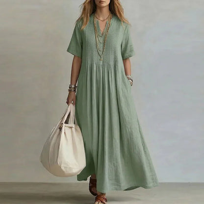Retro Solid Cotton Linen Maxi Dress Woman Spring Sexy V Neck Draped Pocket Long Dress Summer Short Sleeve High Waist Party Dress