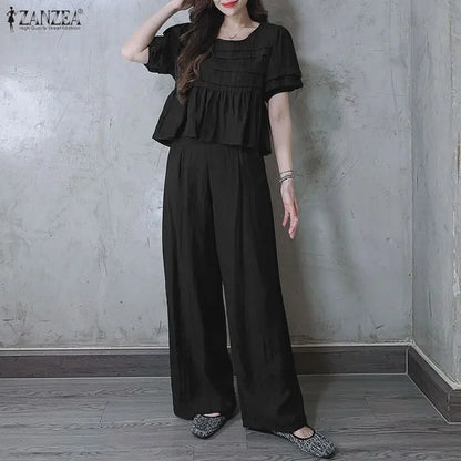 ZANZEA Summer Women Pant Sets Two Piece Sets Short Sleeve Pleated Tops Wide Leg Pants Casual Solid Loose Two-piece Outfits 2PCS