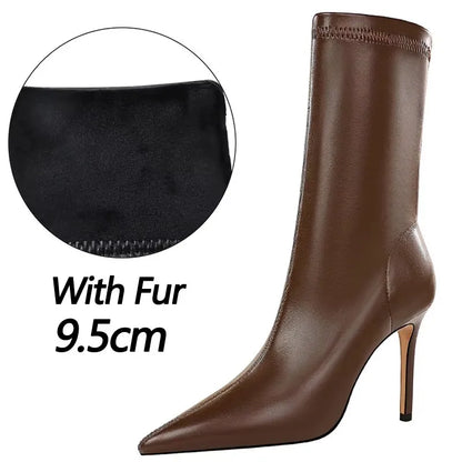 BIGTREE Shoes 2026 New Women Mid-Calf Boots Pointed Toe High-heel Boots Stiletto Heels Leather Boots Fashion Autumn Winter Boots