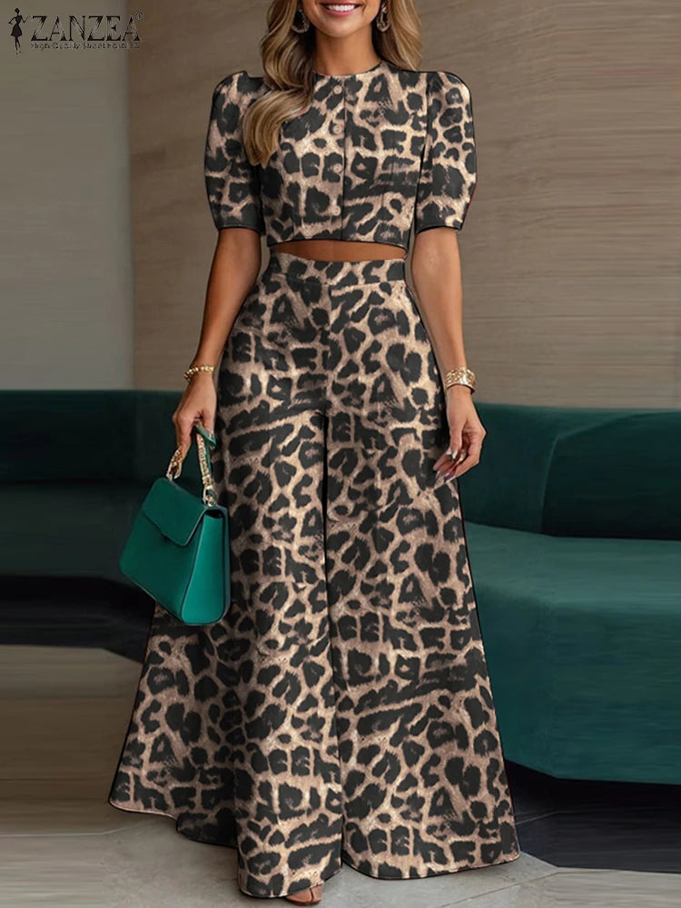 ZANZEA Leopard Print 2 Pieces Sets Woman Street Fashion Puff Sleeve Short Tops Wide Leg Pants 2pcs Suits Outfits OL Pant Sets