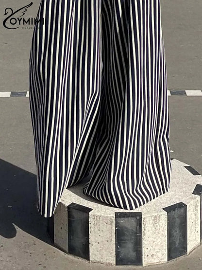 Oymimi Fashion Black Striped Print Women's Pants Elegant High Waist Loose Trousers Casual Straight Full Length Pants Streetwear