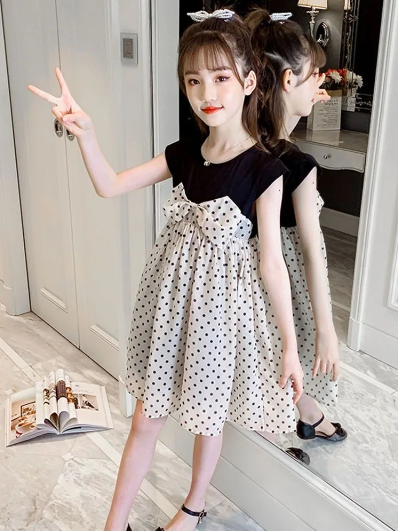 Sweet Polka Dot Midi Dress for Baby Girls Summer Clothes Girl's Elegant Dresses Children 7 8 Years Women's Cotton Linen 9 10 Kid