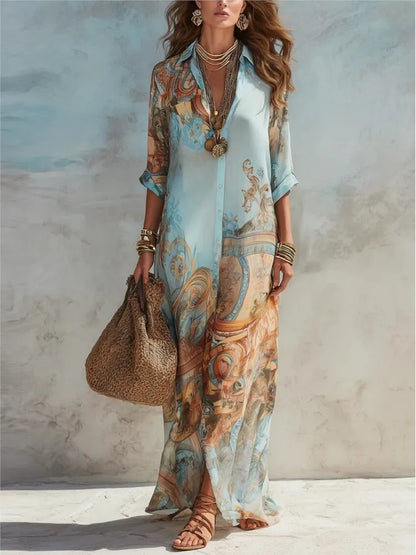 Boho Floral Print Shirt Dresses Women Turn-down Collar Single-breasted Loose Long Dress Summer Casual Beach Vacation Flowy Dress