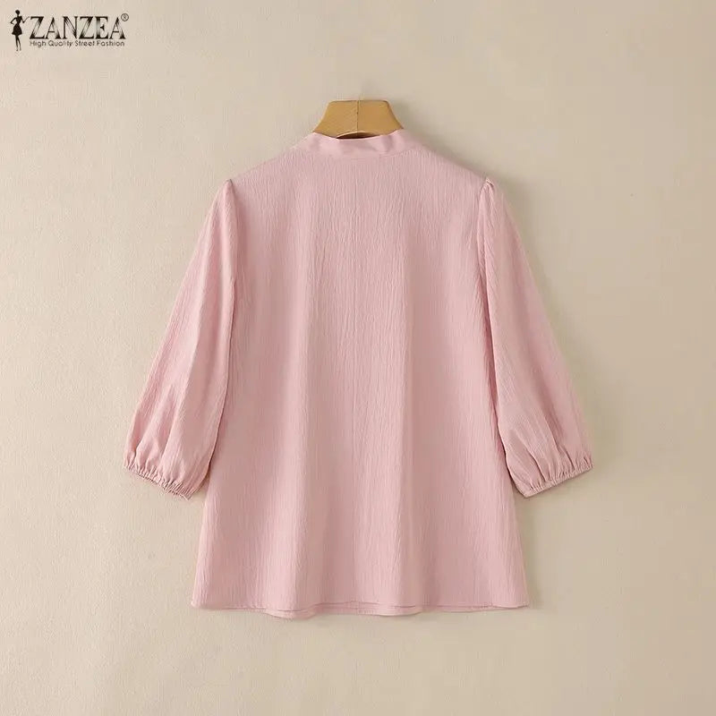 ZANZEA Elegant Minimalist Woman Blouses Bow Tie Neck 3/4 Puff Sleeve Crinkled Texture Solid Color Tops Summer Blusas de Mujer