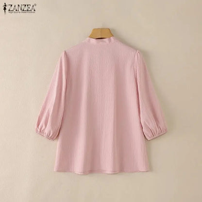 ZANZEA Elegant Minimalist Woman Blouses Bow Tie Neck 3/4 Puff Sleeve Crinkled Texture Solid Color Tops Summer Blusas de Mujer