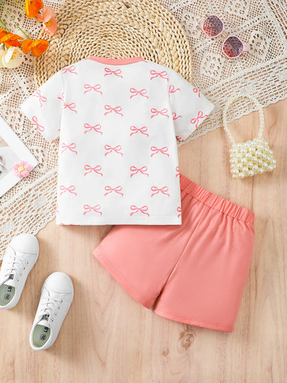 Girls Summer Outfit Butterfly Knot Print Short Sleeve Shorts Set Cute Fashionable Child Ensemble for Girls
