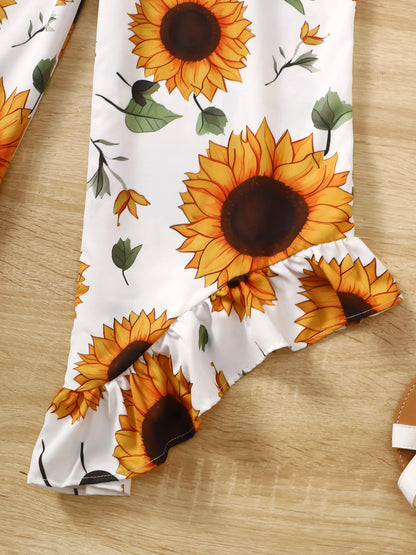Girls Casual Sunflower Pattern Romper Summer Children's Fashion Comfortable Versatile Outdoor Scene Suitable Holiday Outfit