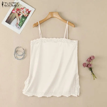 ZANZEA Woman Elegant Spaghetti Straps Satin Tank Top Lace Trim Square Neck Slit Hem Sleeveless Tops Summer Date Night Blouses