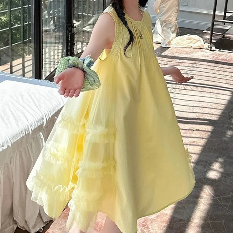 Country-style Vest Fashion Dress Princess Girl Kids Dresses for Girls Holiday 2025 Puffy White Children's Girl's Clothes Elegant