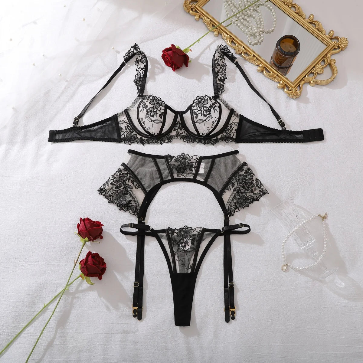 2026 Temperament New Flower Embroidery Splicing Perspective Mesh Plastic Sexy Women's Bra Set