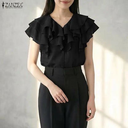 ZANZEA Women Layered Ruffles Blouses Elegant V-Neck Sleeveless Solid Color Top Summer Minimalist Casual Graceful Blusas de Mujer