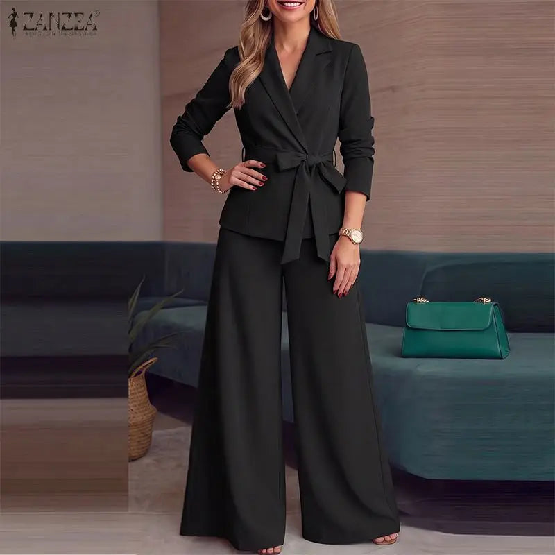 ZANZEA Women Pant Sets Elegant Office Wide Leg Pants Suit Long Sleeve Belted Solid Matching Sets Two-piece Outfits 2PCS