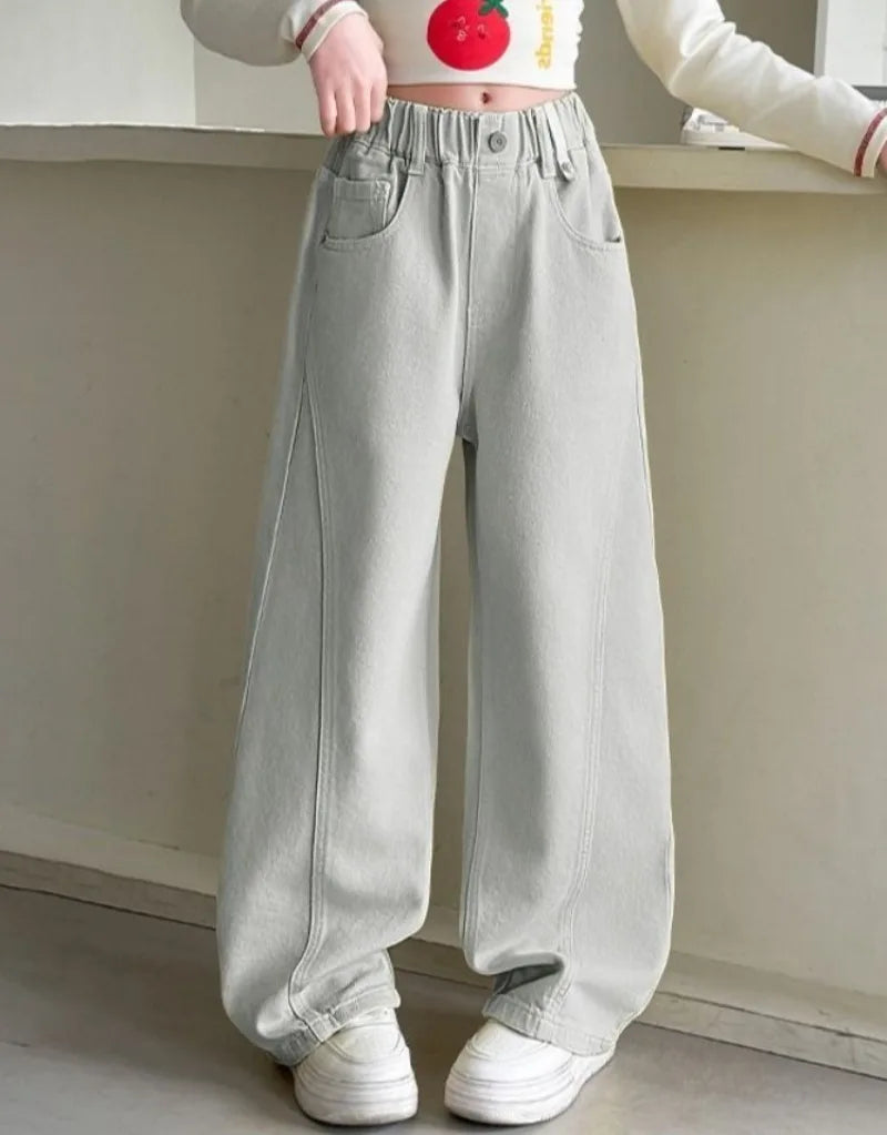 Girls' Wide Leg Pants Spring 5-12 Years Cotton Straight Leg Loose Fit Kids' Trousers Soft Breathable Fashionable Tapered Bottoms