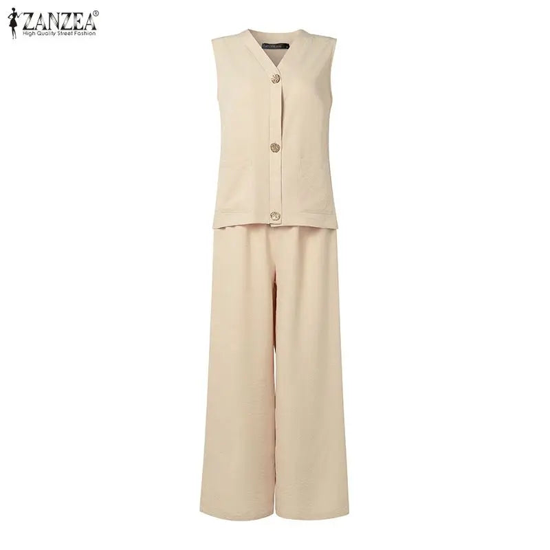 ZANZEA Fashion Women 2 Pieces Sets V Neck Buttons -Up Tanks Tops Trousers Suit Summer 2PCS Outfits Elegant OL Work Pant Sets