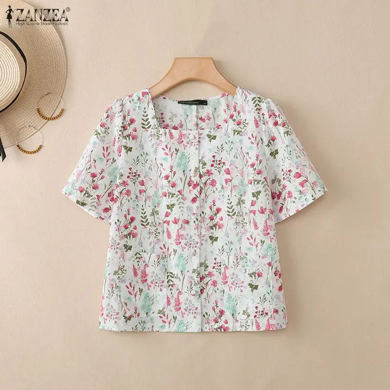ZANZEA Women's Allover Floral Printing Shirts Elegant Square Neck Short Sleeve Button Up Blouses Summer Casual Day Chemise Femme