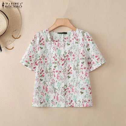 ZANZEA Women's Allover Floral Printing Shirts Elegant Square Neck Short Sleeve Button Up Blouses Summer Casual Day Chemise Femme